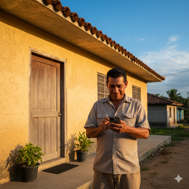 Man smiling while checking his phone outside a yellow stucco home at sunset.
